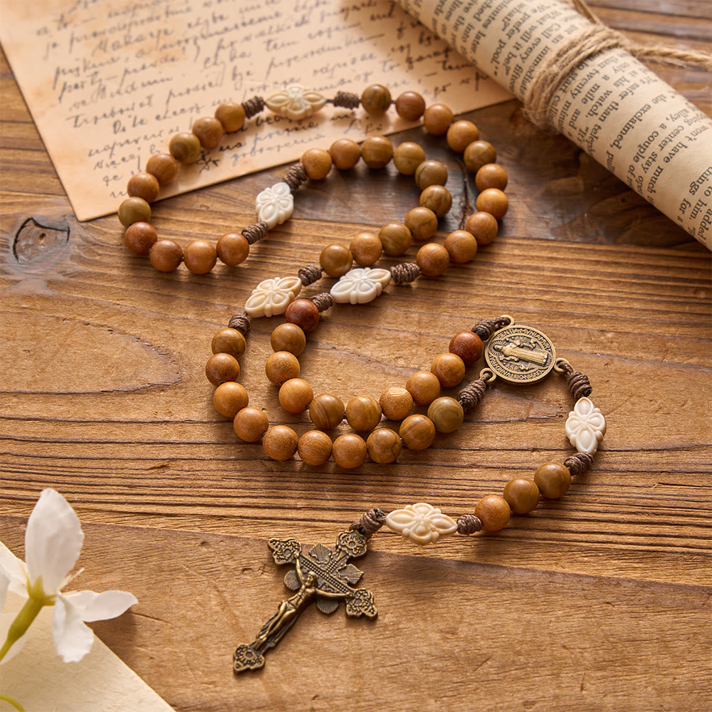 Christianartworkshop Natural Green Sandalwood Bead Cord Rosary With St.Benedict Medal Floral Frame Crucifix - image 3