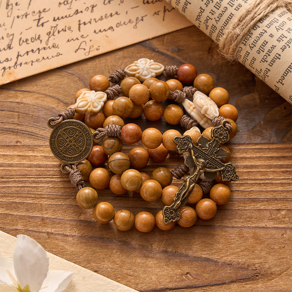 Christianartworkshop Natural Green Sandalwood Bead Cord Rosary With St.Benedict Medal Floral Frame Crucifix - image 4