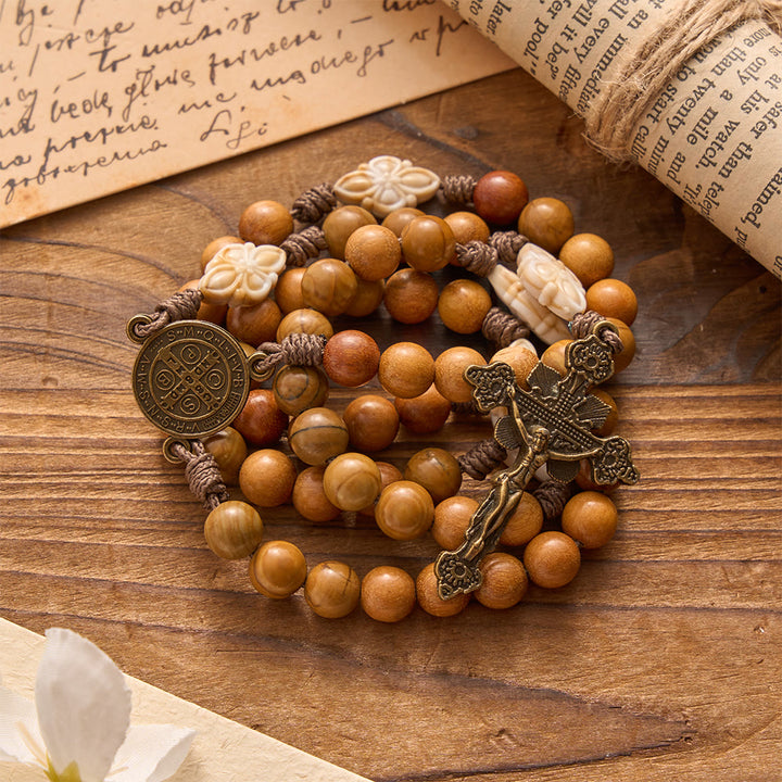 Christianartworkshop Natural Green Sandalwood Bead Cord Rosary With St.Benedict Medal Floral Frame Crucifix - image 4