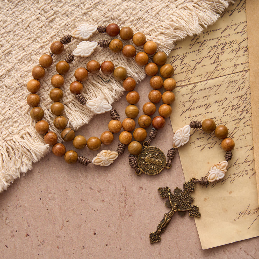 Christianartworkshop Natural Green Sandalwood Bead Cord Rosary With St.Benedict Medal Floral Frame Crucifix - St.Benedict & Crucifix - image 0