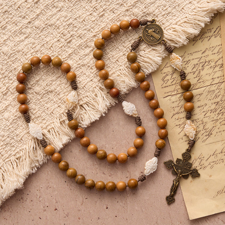 Christianartworkshop Natural Green Sandalwood Bead Cord Rosary With St.Benedict Medal Floral Frame Crucifix - image 2