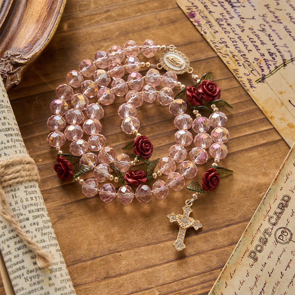 Christianartworkshop Faceted Pink Glass Bead Handmade Rose Our Lady of Guadalupe with Crucifix Prayer Rosary - image 4