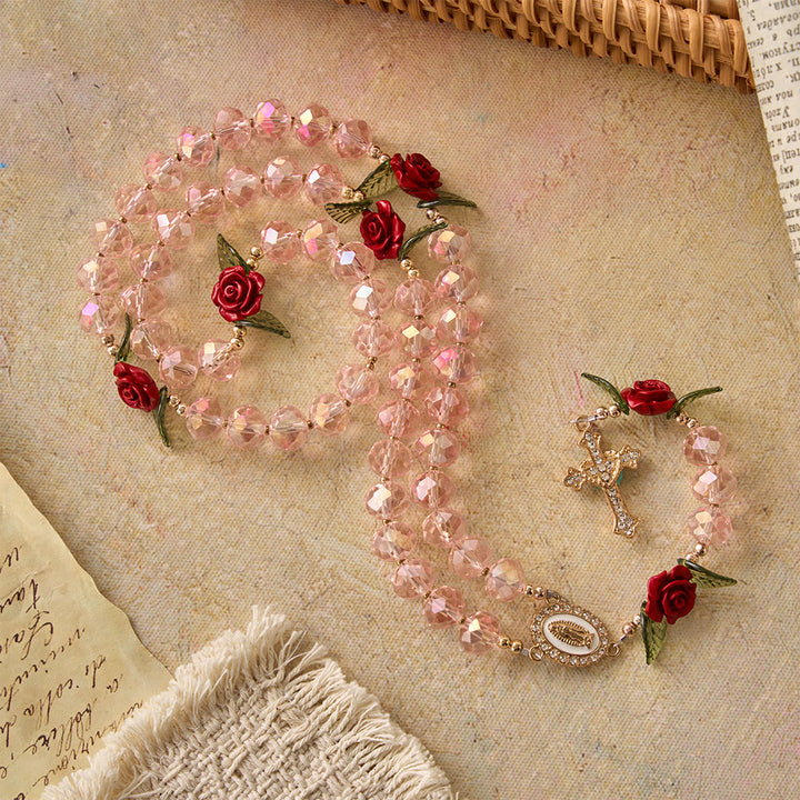 Christianartworkshop Faceted Pink Glass Bead Handmade Rose Our Lady of Guadalupe with Crucifix Prayer Rosary - Our Lady & Crucifix - image 0