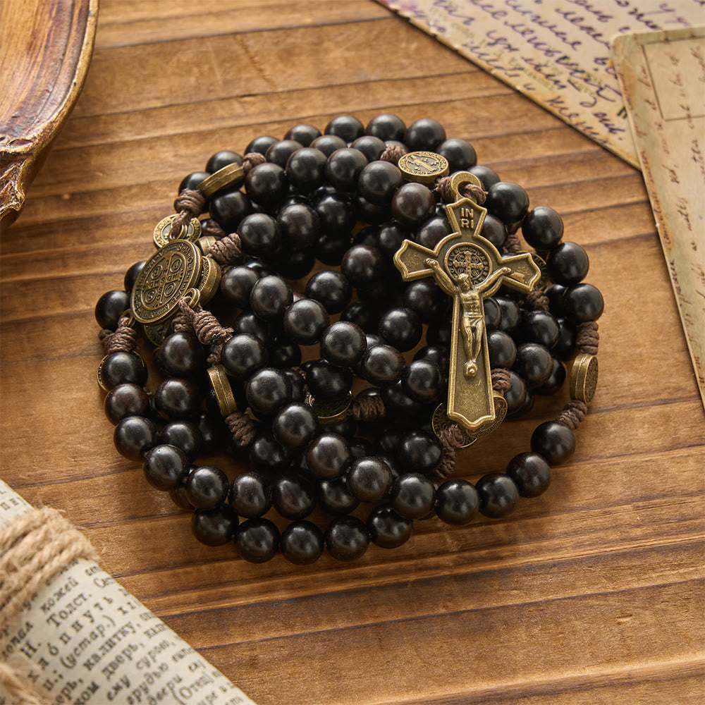 Christianartworkshop 15 Decade Polished Ebony Wood Bead Full St.Benedict Engraved Rosary - image 4