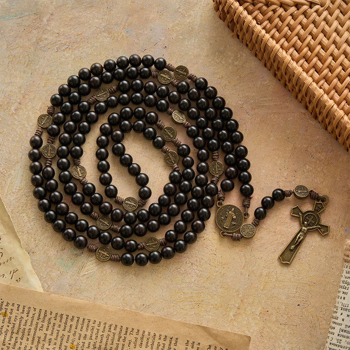 Christianartworkshop 15 Decade Polished Ebony Wood Bead Full St.Benedict Engraved Rosary - image 2
