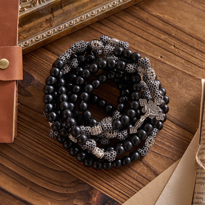 Christianartworkshop 15 Decade Paracord Matte Black Bead Carved Floral Spacer Sacred Rosary - image 4
