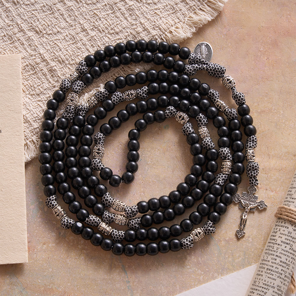 Christianartworkshop 15 Decade Paracord Matte Black Bead Carved Floral Spacer Sacred Rosary - 15 Decade Rosary - image 0