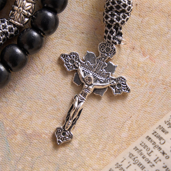 Christianartworkshop 15 Decade Paracord Matte Black Bead Carved Floral Spacer Sacred Rosary - image 7