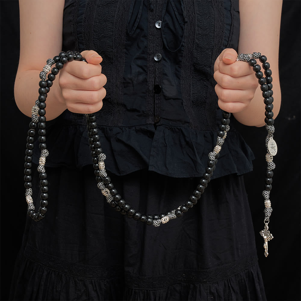 Christianartworkshop 15 Decade Paracord Matte Black Bead Carved Floral Spacer Sacred Rosary - image 1