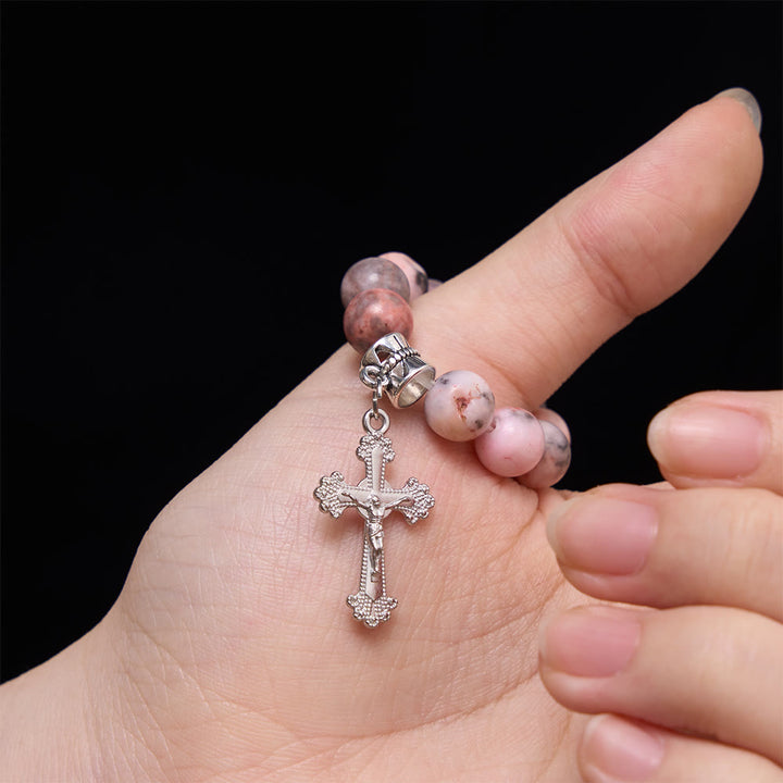 Christianartworkshop Natural Veined Pink Opal Floral Border Crucifix Finger Rosary - image 1