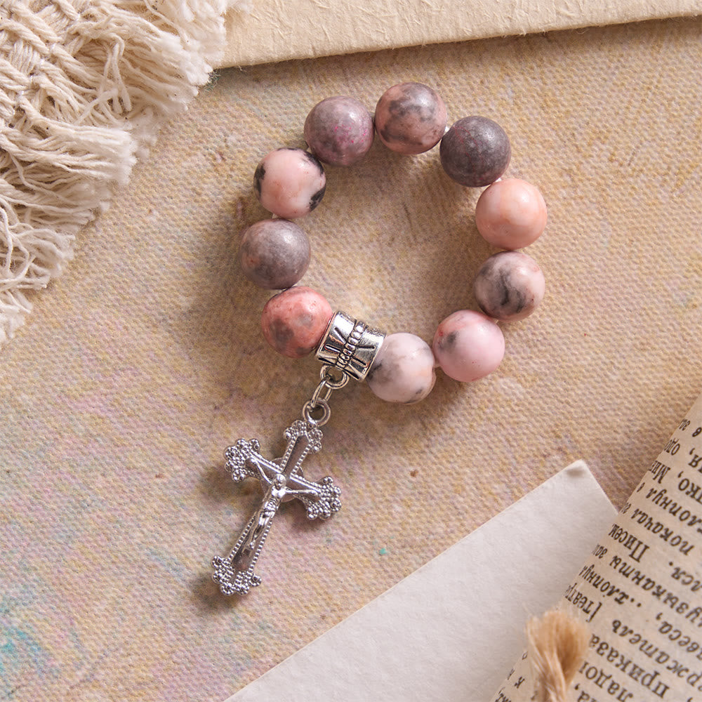 Christianartworkshop Natural Veined Pink Opal Floral Border Crucifix Finger Rosary - Pink Opal Rosary - image 0