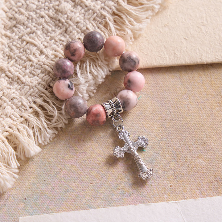 Christianartworkshop Natural Veined Pink Opal Floral Border Crucifix Finger Rosary - image 3