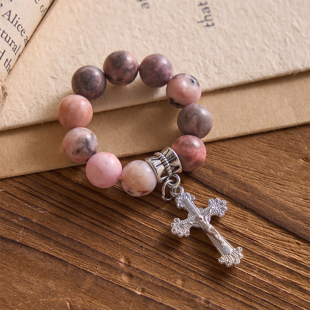 Christianartworkshop Natural Veined Pink Opal Floral Border Crucifix Finger Rosary - image 2