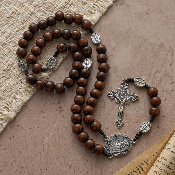 Christianartworkshop 5/15/20 Decade Polished Natural Wood Bead Floral Frame Our Lady & Carved Crucifix Rosary - 5 Decade Rosary - image 6