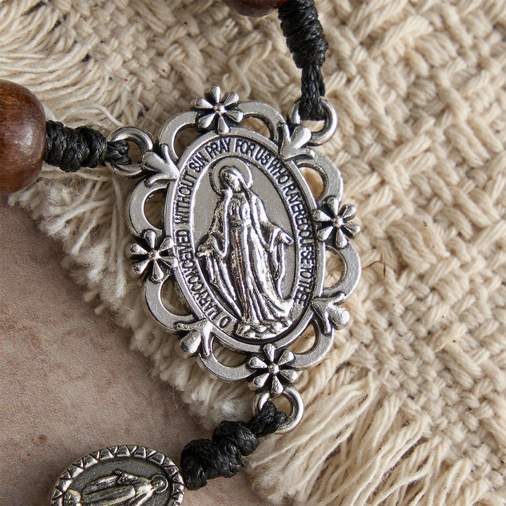 Christianartworkshop Polished Natural Wood Bead Floral Frame Our Lady & Carved Crucifix Rosary - image 6