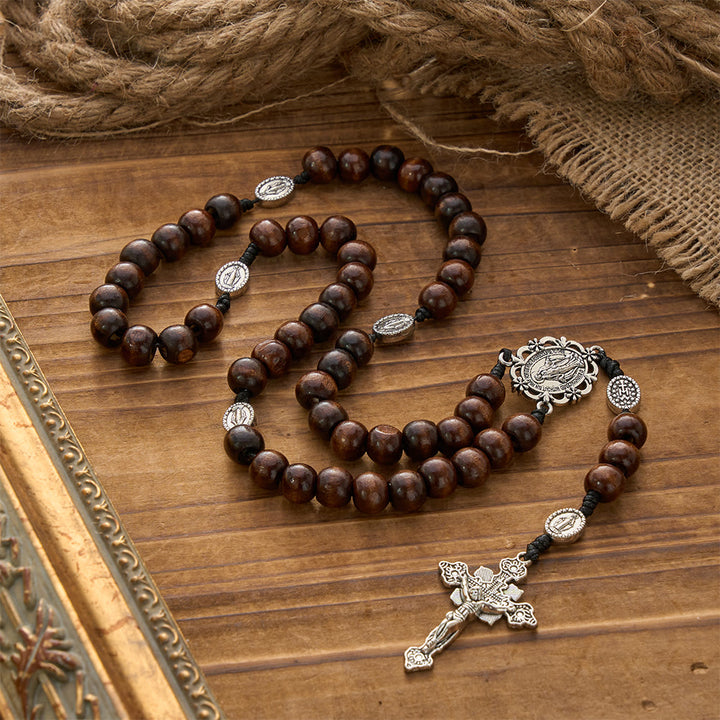 Christianartworkshop Polished Natural Wood Bead Floral Frame Our Lady & Carved Crucifix Rosary - image 3