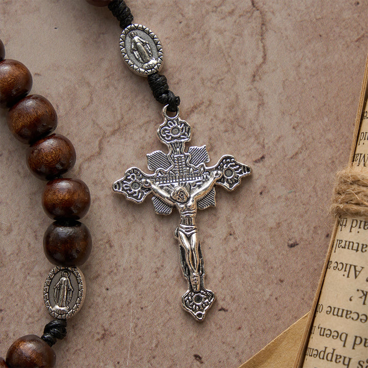 Christianartworkshop Polished Natural Wood Bead Floral Frame Our Lady & Carved Crucifix Rosary - image 7