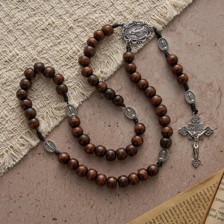 Christianartworkshop 5/15/20 Decade Polished Natural Wood Bead Floral Frame Our Lady & Carved Crucifix Rosary - image 8
