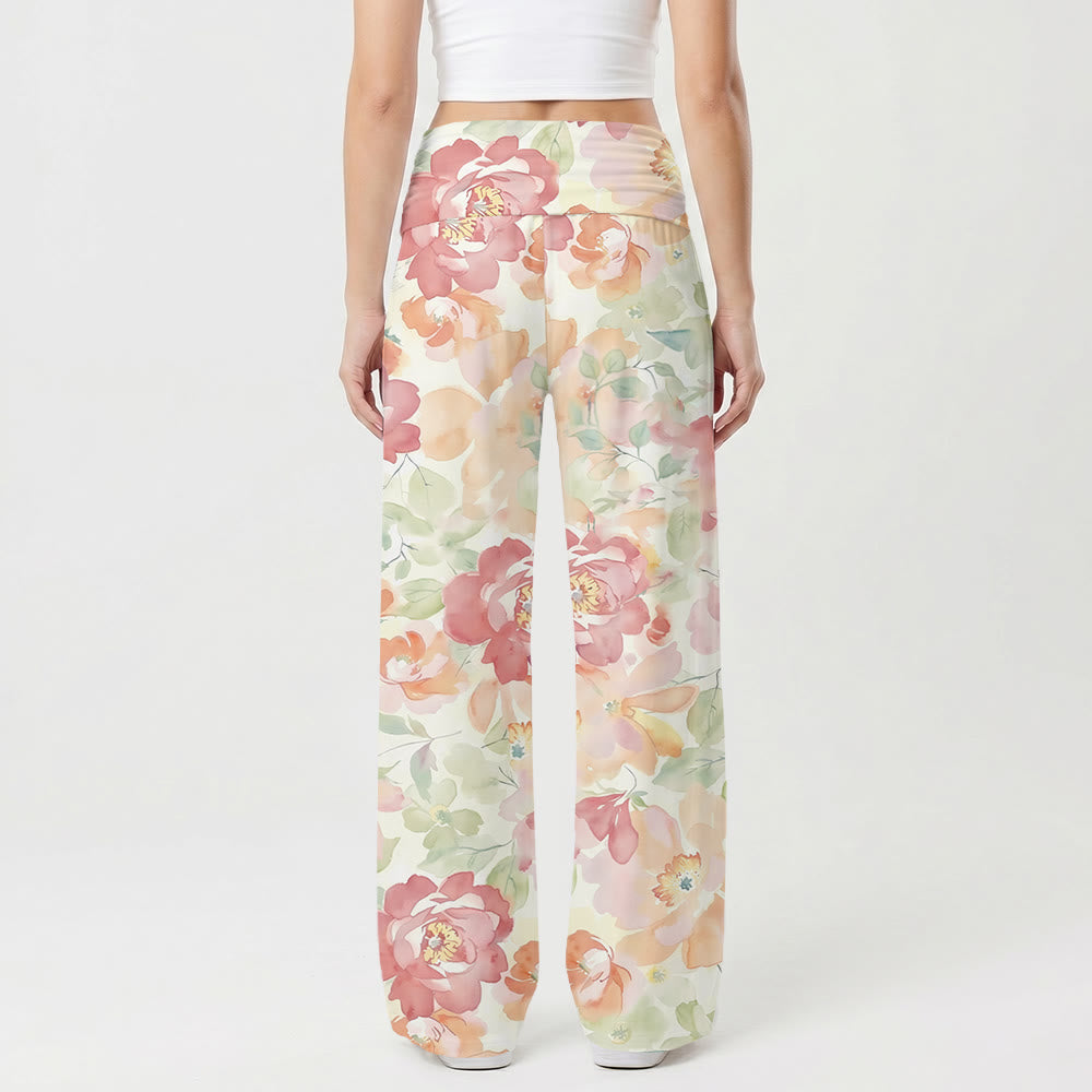 Christianartworkshop Watercolor Peony Floral All Over Print Crucifix Graphic Fold Waist High Rise Wide Leg Pants - image 1