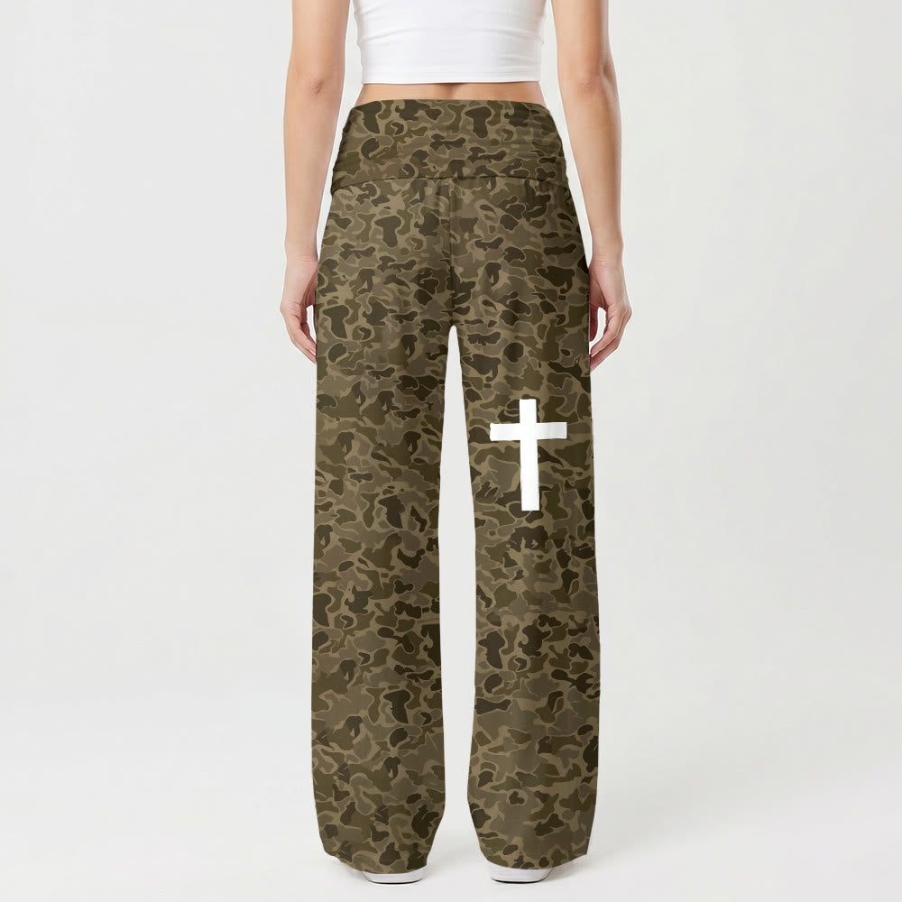 Christianartworkshop Earth Tone Camouflage Print Solid Vertical Cross Thigh Graphic High Waist Stretch Wide Leg Pants - US22,UK/AU26,EU54 - image 0