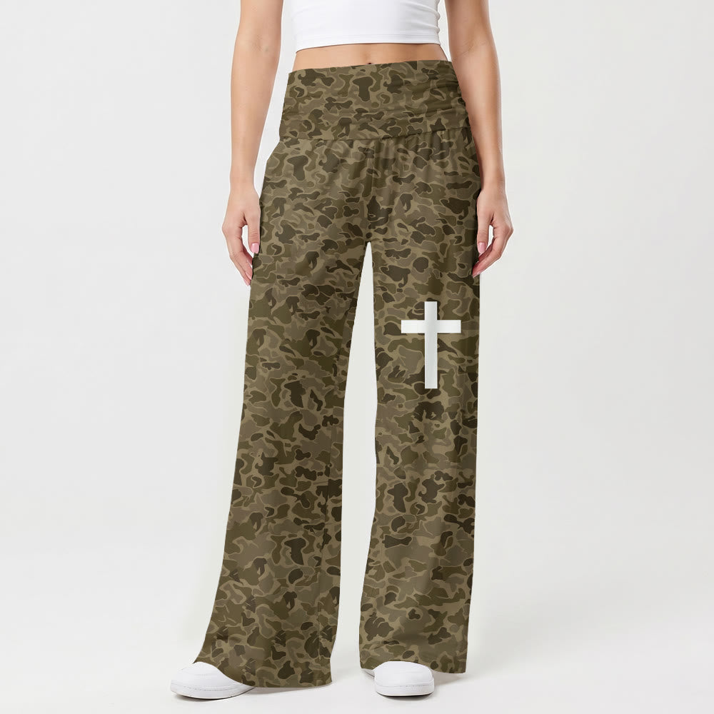 Christianartworkshop Earth Tone Camouflage Print Solid Vertical Cross Thigh Graphic High Waist Stretch Wide Leg Pants - US22,UK/AU26,EU54 - image 0