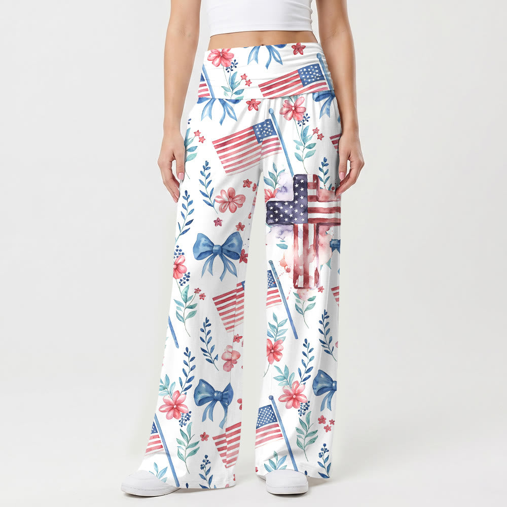 Christianartworkshop Watercolor Patriotic Flag Floral Bow Star Stripe Cross Print Fold Over High Waist Stretch Wide Leg Pants - US22,UK/AU26,EU54 - image 0
