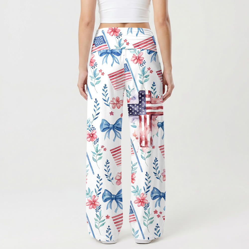 Christianartworkshop Watercolor Patriotic Flag Floral Bow Star Stripe Cross Print Fold Over High Waist Stretch Wide Leg Pants - image 1