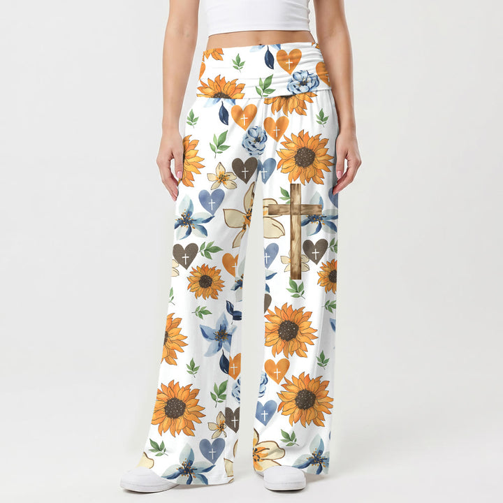Christianartworkshop Sunflower Floral Heart Cross All Over Print High Waist Stretch Wide Leg Pants - US22,UK/AU26,EU54 - image 0