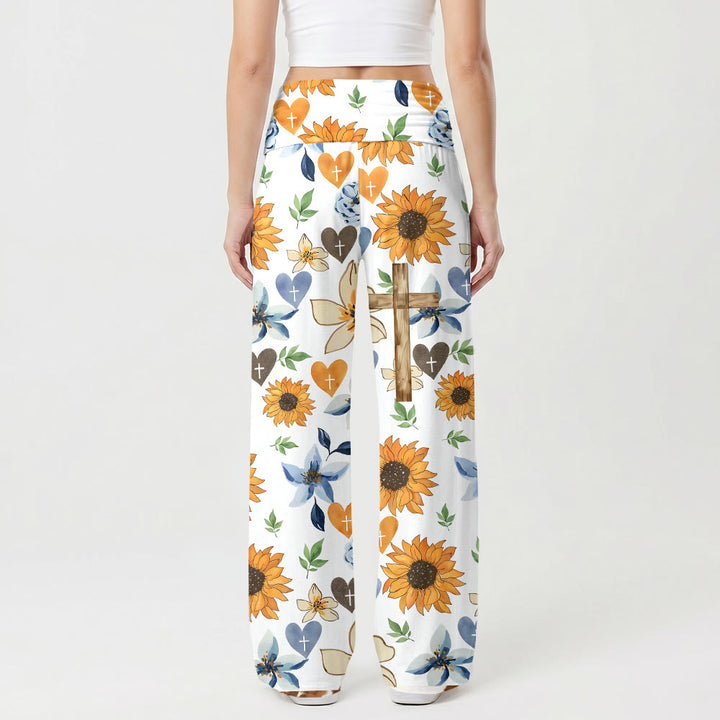 Christianartworkshop Sunflower Floral Heart Cross All Over Print High Waist Stretch Wide Leg Pants - image 1