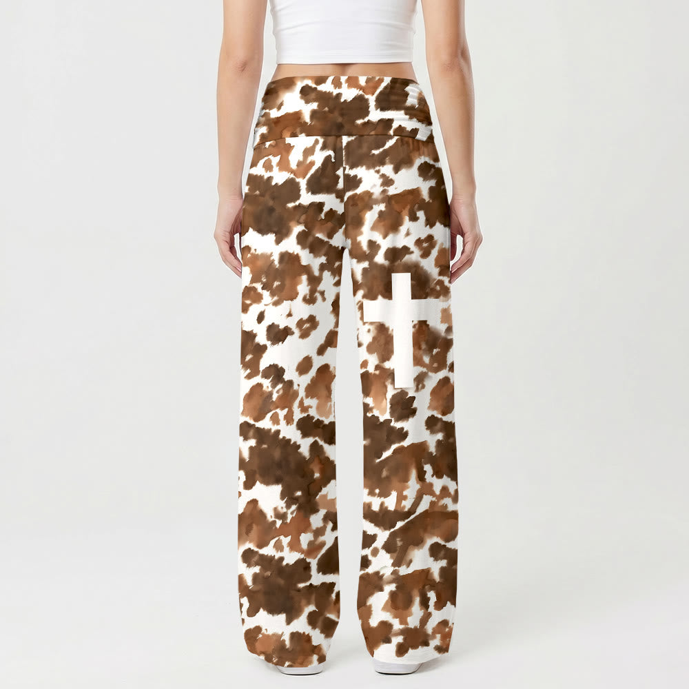 Christianartworkshop Cow Spot All Over Print Solid White Vertical Cross Thigh Graphic Fold Over High Waist Wide Leg Pants - image 1