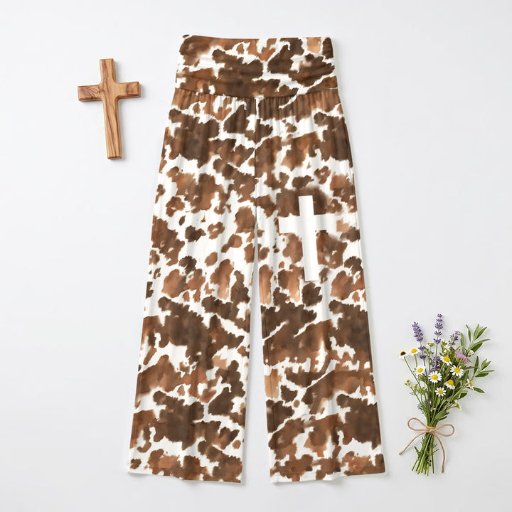 Christianartworkshop Cow Spot All Over Print Solid White Vertical Cross Thigh Graphic Fold Over High Waist Wide Leg Pants - image 2