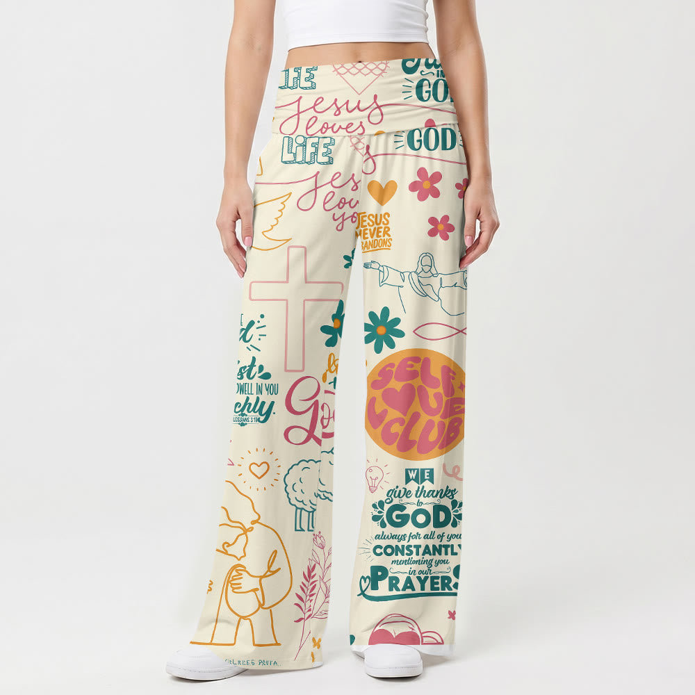 Christianartworkshop Faith Lettering Cross Figure Floral Element All Over Print Fold Over High Waist Wide Leg Pants - US22,UK/AU26,EU54 - image 0