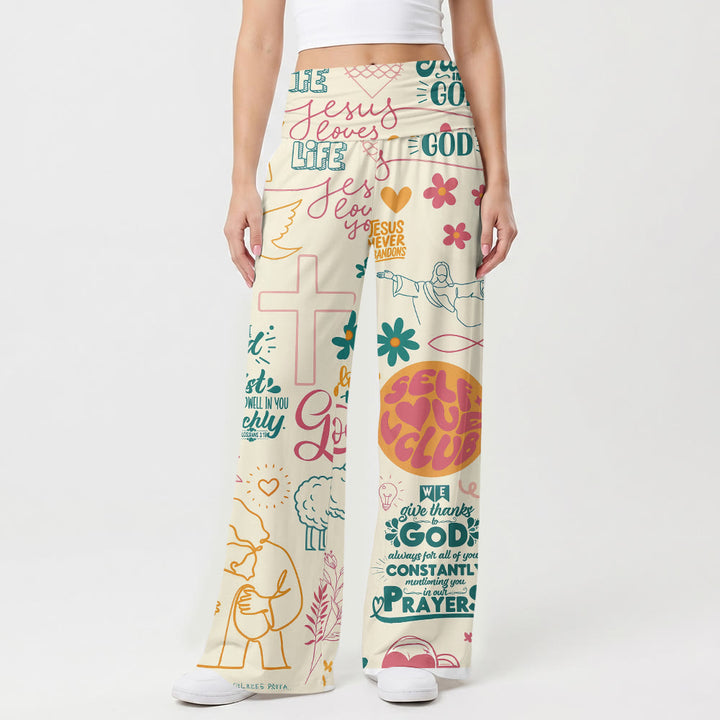Christianartworkshop Faith Lettering Cross Figure Floral Element All Over Print Fold Over High Waist Wide Leg Pants - US22,UK/AU26,EU54 - image 0