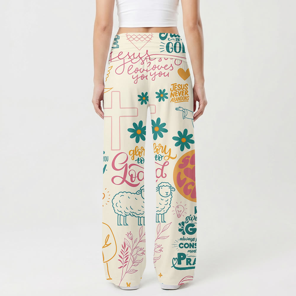 Christianartworkshop Faith Lettering Cross Figure Floral Element All Over Print Fold Over High Waist Wide Leg Pants - image 1