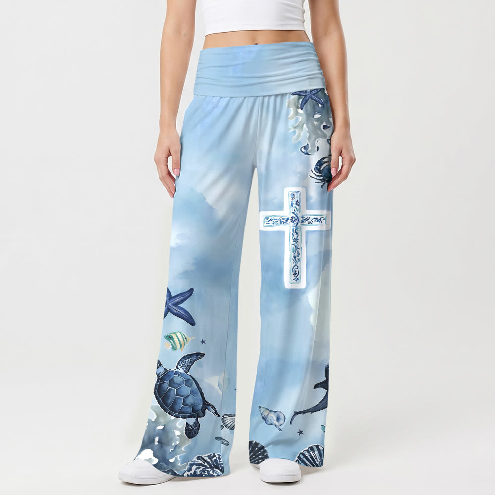 Christianartworkshop Ocean Marine Life Blue And White Pattern Cross All Over Print High Waist Wide Leg Pants - US22,UK/AU26,EU54 - image 0