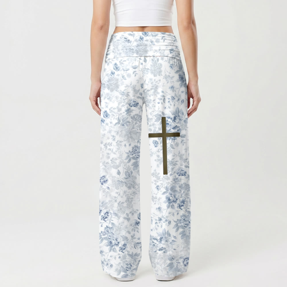 Christianartworkshop Delicate Bloom Leaf Full Print Plain Cross Front Thigh Accent Fold Waist Women Wide Leg Pants - image 1