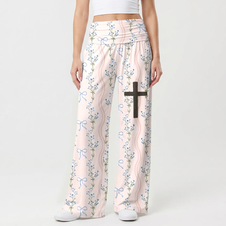 Christianartworkshop Vertical Floral Bow Stripes All Over Print Wooden Cross Thigh Graphic Fold Over High Waist Wide Leg Pants - US22,UK/AU26,EU54 - image 0