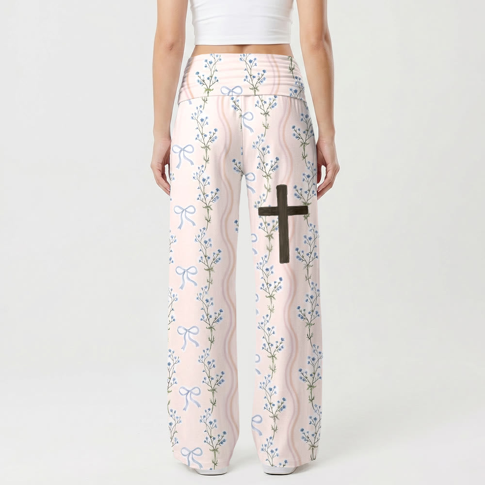 Christianartworkshop Vertical Floral Bow Stripes All Over Print Wooden Cross Thigh Graphic Fold Over High Waist Wide Leg Pants - image 1