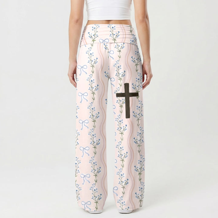 Christianartworkshop Vertical Floral Bow Stripes All Over Print Wooden Cross Thigh Graphic Fold Over High Waist Wide Leg Pants - image 1