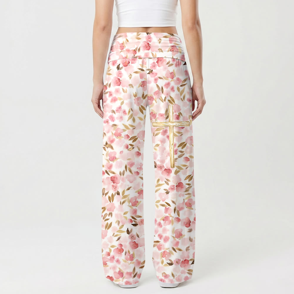 Christianartworkshop Watercolor Blush Bloom Leaf Print Golden Line Cross Thigh Graphic High Waist Wide Leg Pants - image 1