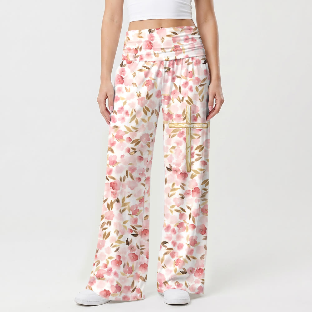 Christianartworkshop Watercolor Blush Bloom Leaf Print Golden Line Cross Thigh Graphic High Waist Wide Leg Pants - US22,UK/AU26,EU54 - image 0