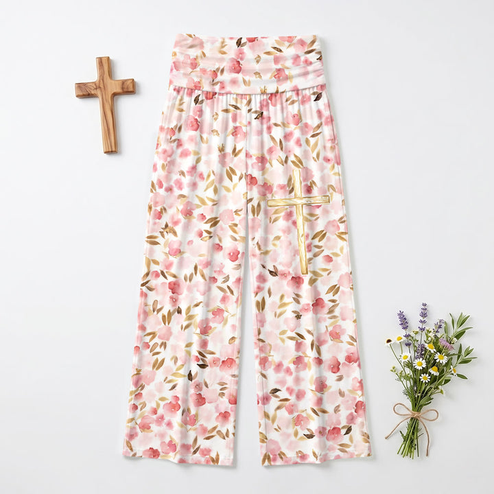 Christianartworkshop Watercolor Blush Bloom Leaf Print Golden Line Cross Thigh Graphic High Waist Wide Leg Pants - image 2