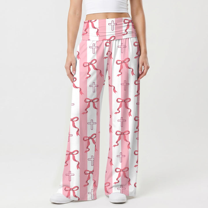 Christianartworkshop Vertical Stripe Bow Outline Cross Print Fold Over High Waist Wide Leg Pants - US22,UK/AU26,EU54 - image 0