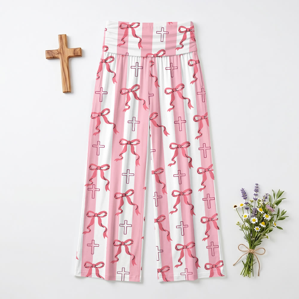 Christianartworkshop Vertical Stripe Bow Outline Cross Print Fold Over High Waist Wide Leg Pants - image 2