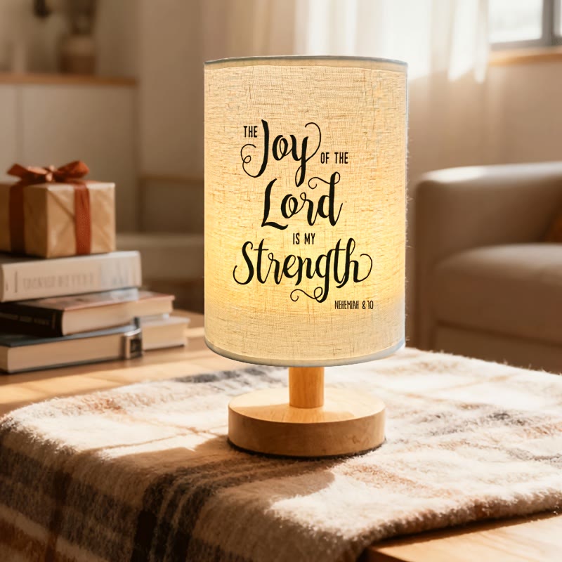 Christianartworkshop Natural Wood Base Fabric Lampshade The Joy of the Lord Is My Strength Scripture Table Lamp: A Carrier of Warm Nighttime Spiritual Peace - image 3