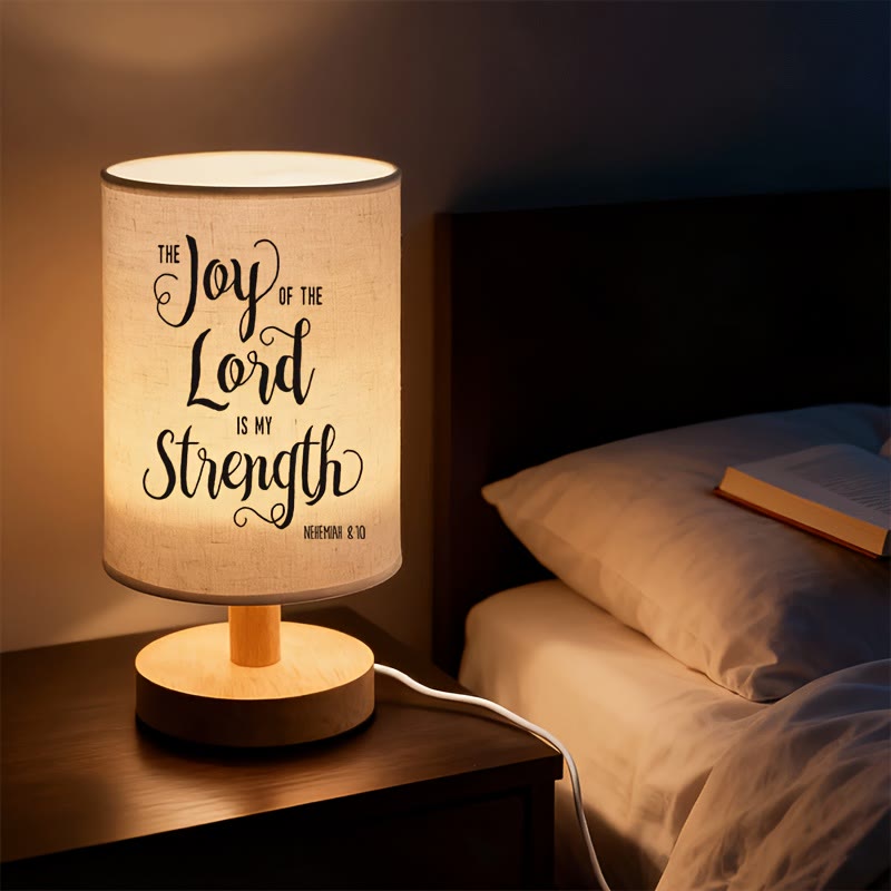 Christianartworkshop Natural Wood Base Fabric Lampshade The Joy of the Lord Is My Strength Scripture Table Lamp: A Carrier of Warm Nighttime Spiritual Peace - Nehemiah 8:10 - image 0