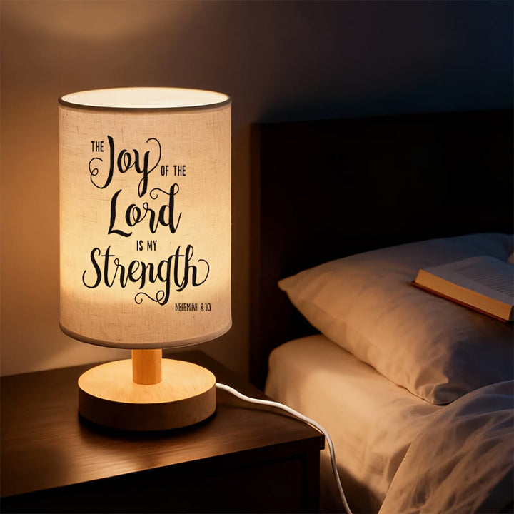 Christianartworkshop Natural Wood Base Fabric Lampshade The Joy of the Lord Is My Strength Scripture Table Lamp: A Carrier of Warm Nighttime Spiritual Peace - Nehemiah 8:10 - image 0