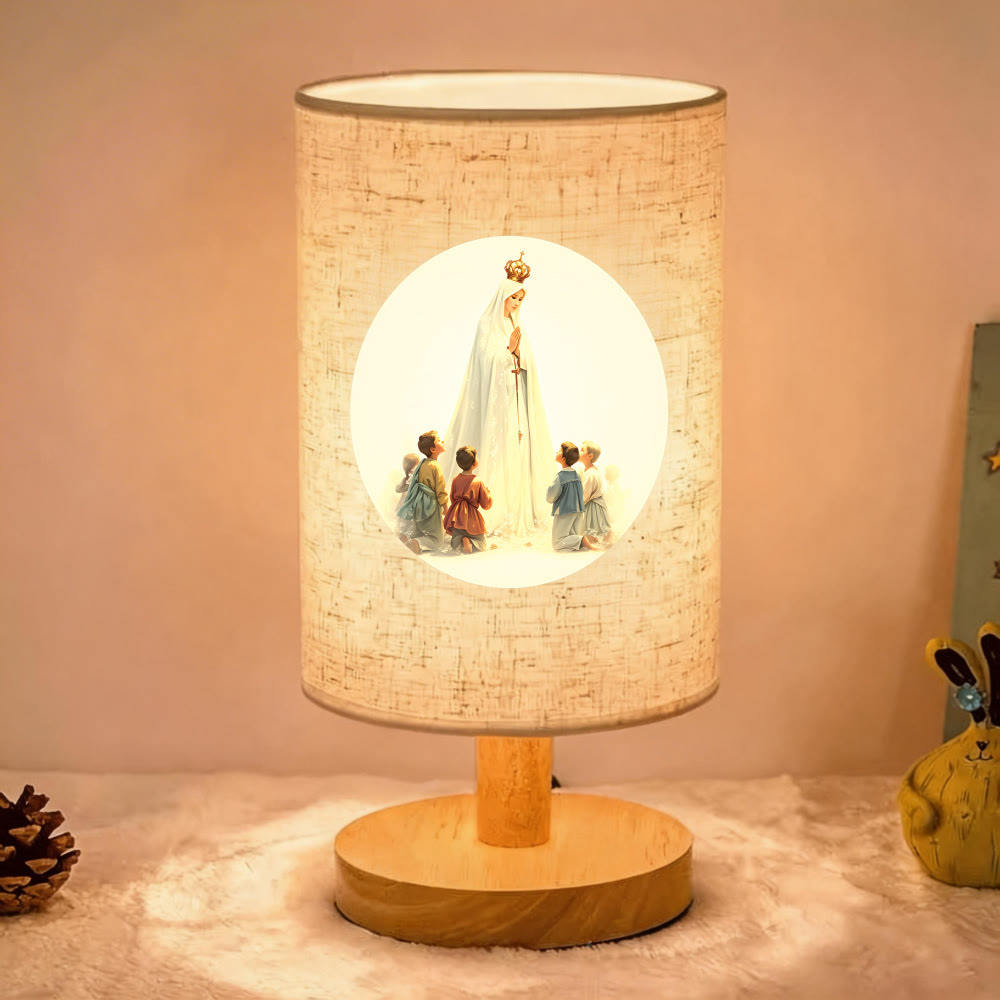 Christianartworkshop Natural Wood Base Fabric Lampshade Our Lady With Children Pattern Table Lamp: A Carrier of Gentle Nighttime Guardian Blessings - Our Lady - image 0