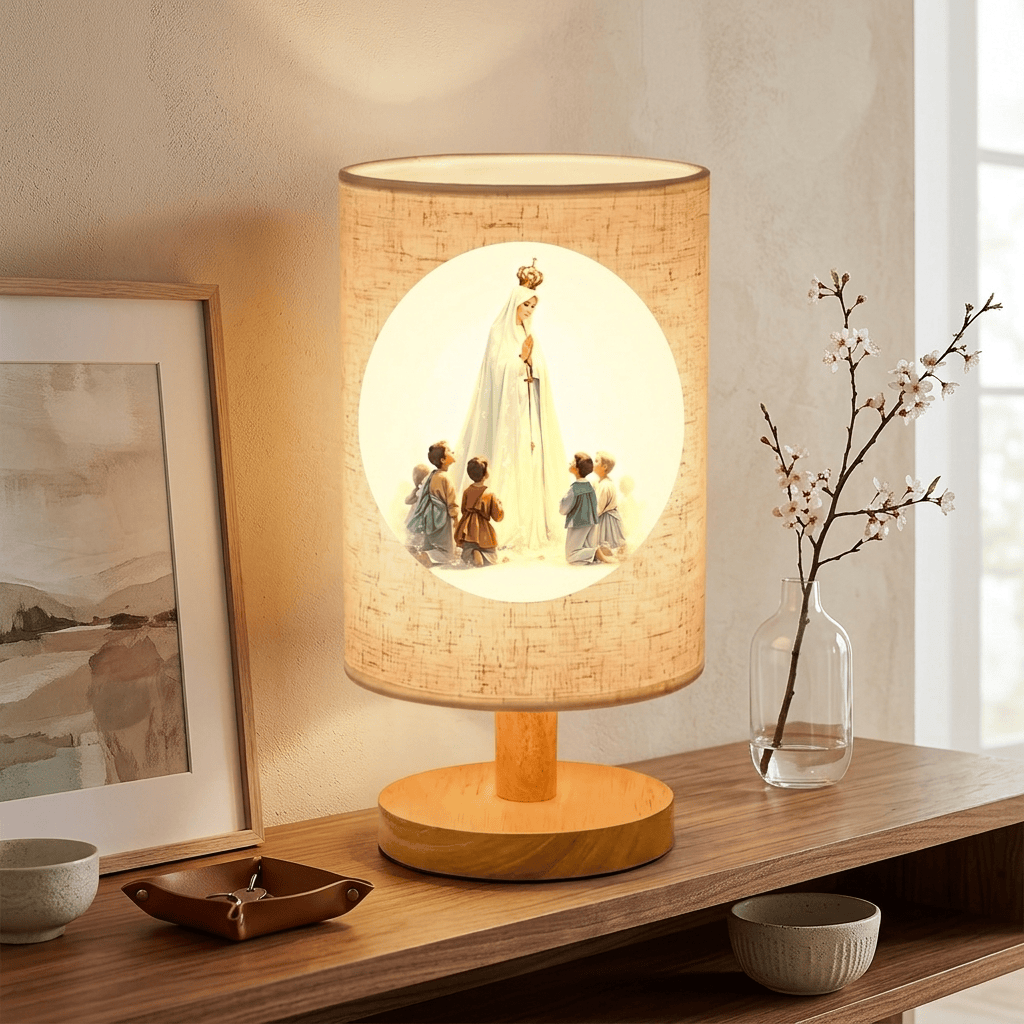 Christianartworkshop Natural Wood Base Fabric Lampshade Our Lady With Children Pattern Table Lamp: A Carrier of Gentle Nighttime Guardian Blessings - image 4