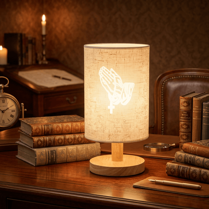 Christianartworkshop Natural Wood Base Fabric Lampshade Praying Hands With Cross Pattern Table Lamp: A Carrier of Quiet Nighttime Devotional Peace - image 1